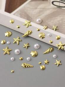 FULL BEAUTY 12-Grid Shell & Starfish Gold Metal Nail Art Decor Beads Pearl Nail Accessories Rivets Handmade Summer Ocean Vacation DIY Nail Supplies - Multicolor - View 3