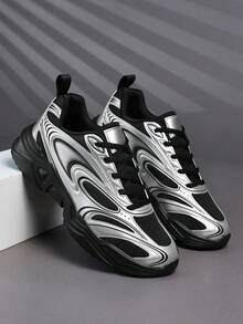 Men's Mesh Breathable Dad Sneakers, Thick Sole Height Increasing Wear-Resistant Casual Shoes, Lace-Up Functional Style Daily Travel Running Shoes - Black And Silver - View 3