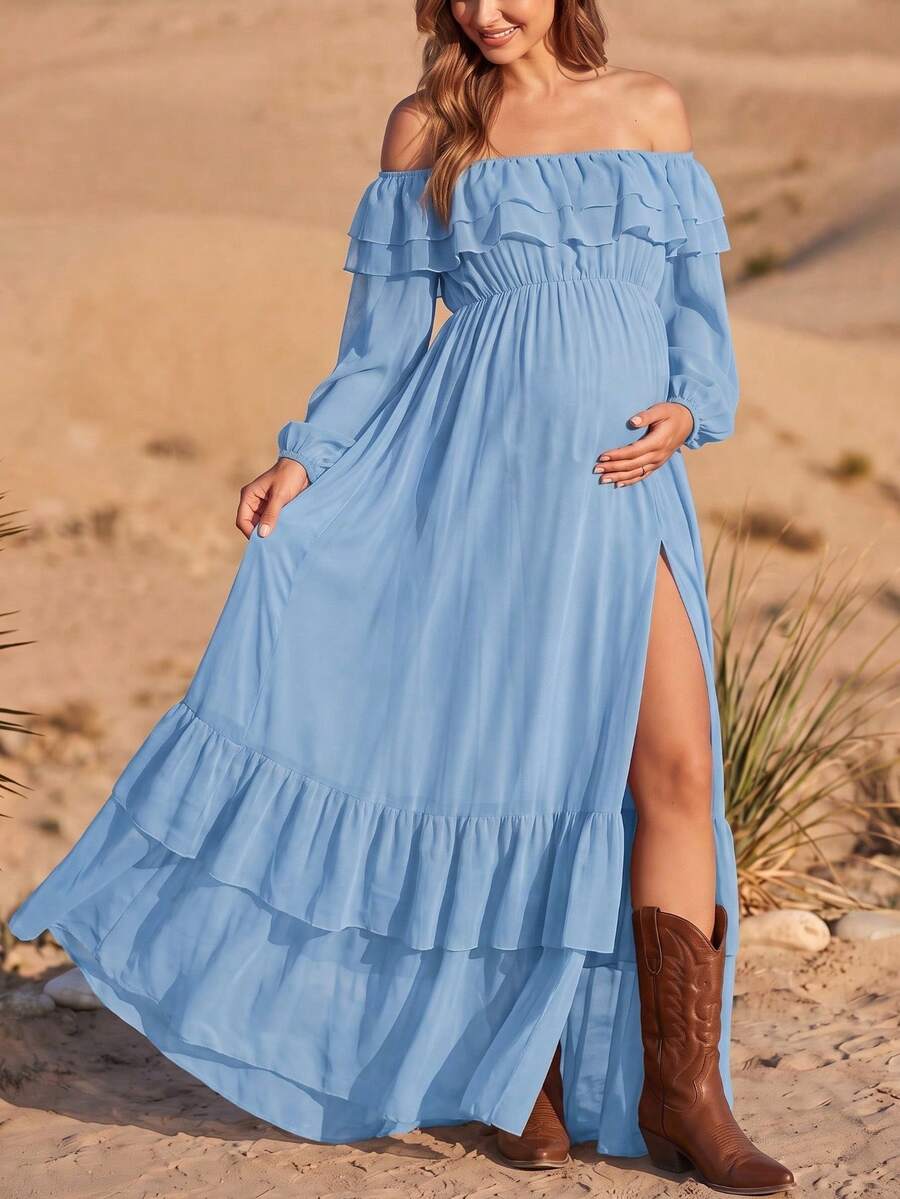 孕婦露肩白色長袖荷葉邊下擺洋裝,高開衩拖地長裙,寬鬆遮肚孕婦禮服,適合孕期拍照、度假與派對 - 藍色 - 查看 1