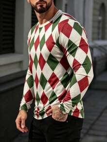 Men's Christmas Colorblock Print Long Sleeve T-Shirt Top - Multicolor - View 3