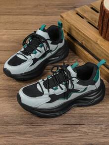 Men's Athletic Shoes Lace-Up "Chunky Sneakers, Perfect For Hiking, Running, Working Out, Commuting, Formal Events, And Casual Fashion - Black and Grey With Black Background - View 6