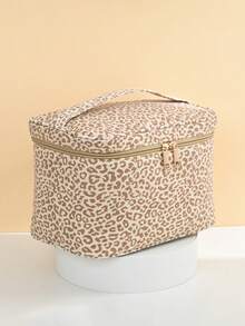 1pc Fashionable Minimalist Portable Canvas Leopard Print Large Capacity Handheld Makeup Bag, Suitable For Daily Makeup Tools, Skincare Products And Other Items Storage, Travel Makeup Organizer Bag - Brown - View 3