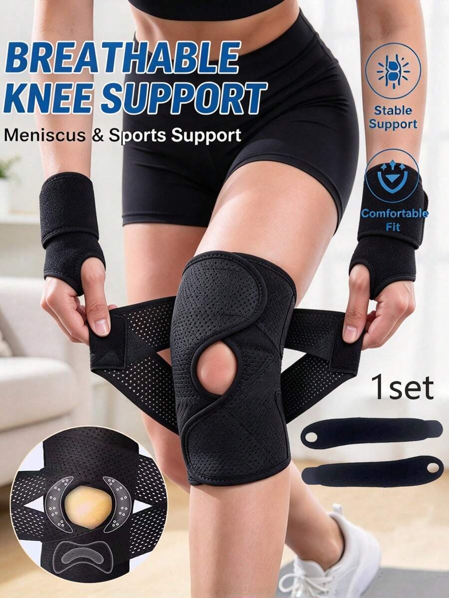 1 set justerbart sportstöd för knä och handled, andningsbar knäskyddsmanschett i mesh med sidostabilisator och gelkuddar, flexibla handledsremmar för träning, löpning, gym, basket och cykling, halkfri justerbar sportaccessoar för män och kvinnor - Multifärgad - Visa 1