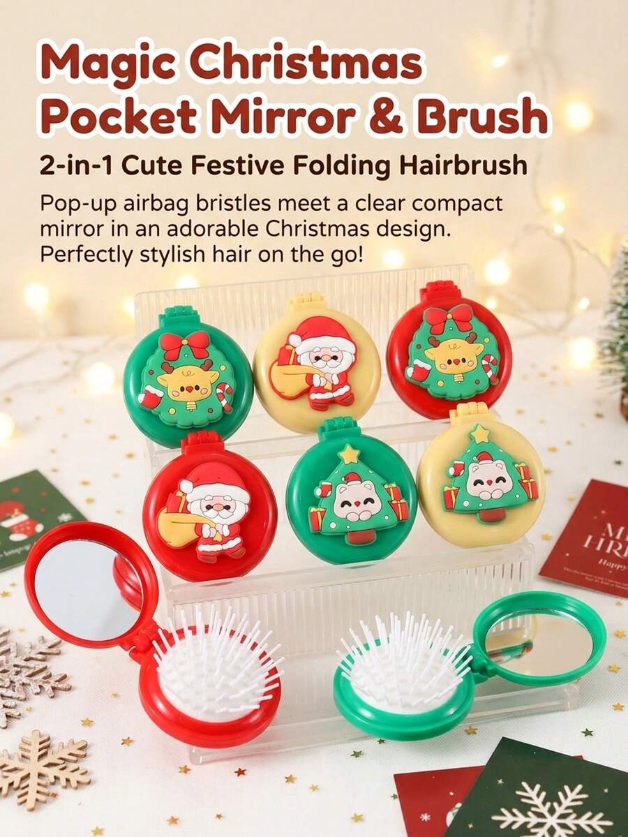 1pc Cute Christmas Air Cushion Comb, Foldable Air Cushion Brush, Christmas Gift Set, Hair Styling Tool, Mirror Comb Combo - Multicolor - View 1