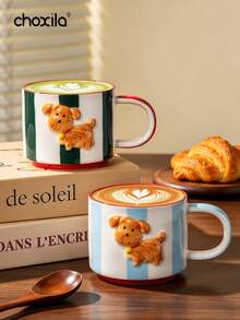 choxila 1pc Cute Embossed Puppy Ceramic Mug, Color Block Striped Coffee Cup, Creative Cartoon Dog Drinkware For Home Kitchen Gift - Striped Puppy Ceramic Mug - View 2