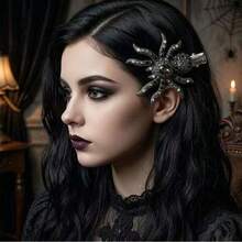 1pc Gothic Dark Style Rhinestone Spider Hair Clip, Sparkling Rhinestone Alloy Alligator Hair Clip, Halloween Party Personalized Side Clip Hair Accessory, Halloween Exaggerated 3D Spider Hair Clip, Punk Style Black & White Rhinestone Alligator Hair Clip, Cool Girl Side Clip Hair Accessory - Black - View 3
