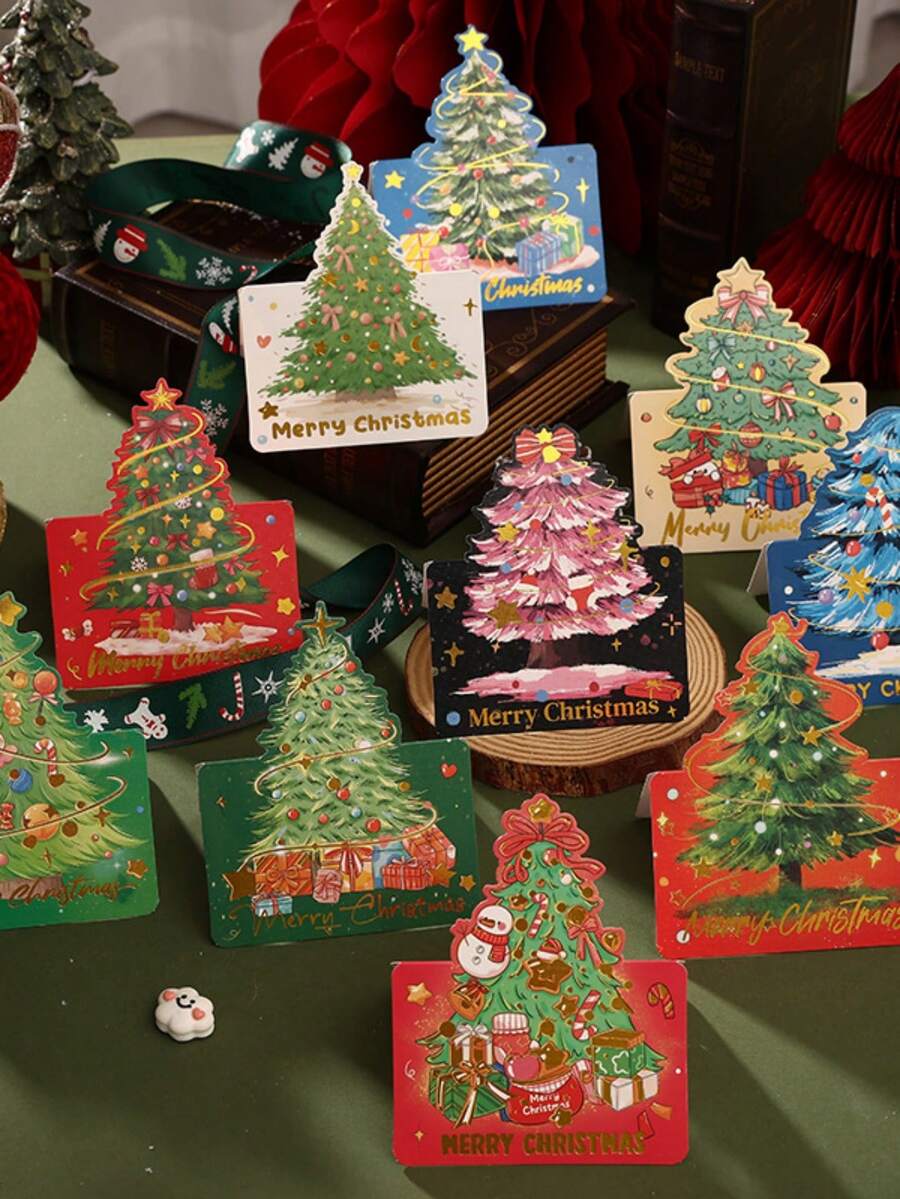 10 tấm thiệp chúc mừng cây thông Noel, phù hợp cho cửa hàng hoa, tiệm bánh, lời chúc ngày lễ, làm thiệp nhỏ đính kèm quà tặng và ghi chú - Nhiều màu - Xem 1
