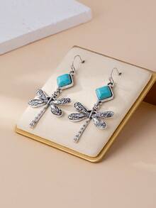European & American Western Vintage Distressed Silver Dragonfly Earrings With Square Faux Turquoise Pendant, Long Ear Hooks For Women - Multicolor - View 4