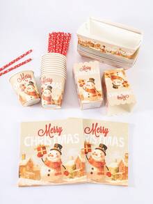 10/24pcs Set Peralatan Makan Sekali Pakai Kertas Motif Rumah Musim Dingin Manusia Salju Warna Beige, Perlengkapan Pesta Liburan Gaya Pedesaan, Termasuk Gelas, Serbet, Kotak Popcorn, Kotak Makanan, dan Sedotan, Cocok untuk Makan Malam Liburan, Dekorasi Meja - Beraneka warna - View 6
