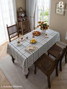 Bubaba Blue-Grey Plaid Tassel Tablecloth, Country Farmhouse Style Rectangular Tablecloth, Linen Texture Decorative Tablecloth, Suitable For Dining Room, Kitchen, Party And Daily Home Decor - Multicolor - View 6