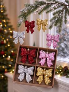 4Pcs Gift Box Set Christmas Bow Hanging Ornaments, Shiny Metallic Bowknot Pendant For Christmas Tree, Kids Holiday & Party Decor - Multicolor - View 3