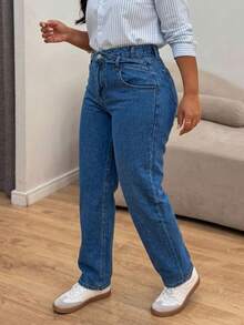 Plus Size Women's Asymmetrical Waist Tapered Jeans Fashion Casual Daily Office Denim Pants - Dark Wash - View 3