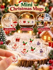 4PCS Christmas Mug Figurines, Assorted Resin Cup Ornaments With Santa Snowman Holly Designs For Tabletop, Christmas Village, Shelf And Festive Home Decor - Christmas Mug - View 2