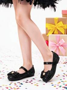 Elegant Shiny Glitter Bow Flat Shoes For Girls, Suitable For Autumn/Winter Party Dress Outfits - Black - View 2