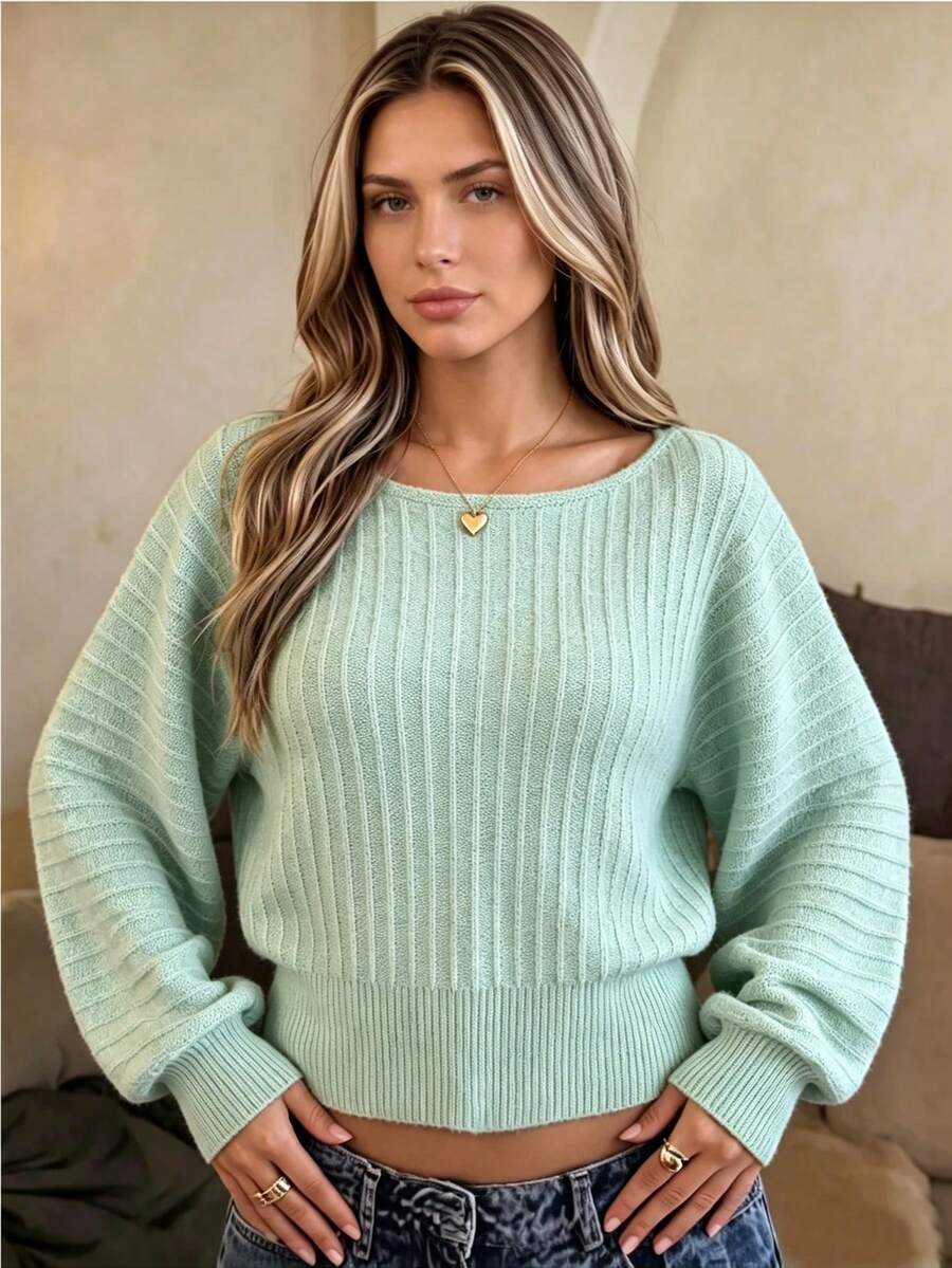Autumn Ladies Mint Green Pullover Sweater Wide Boat Neck Oversized Puff Long Sleeve Rib Knit Halloween Costume - Mint Green - View 1