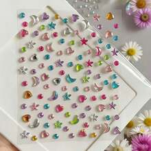 1pc Holographic Star & Moon Rhinestone Self-Adhesive Face/Nail Stickers, Perfect For Creating Summer Stage Makeup Or Festive Atmosphere. Includes Stars, Crescent Moons And Small Dots Shapes. - Multicolor - View 7