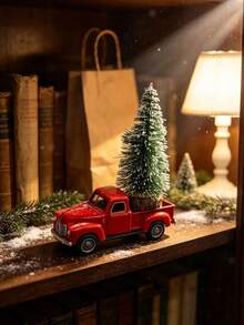 Christmas Red Truck Model Vintage Metal Car Ornament Collectible Toy, With Mini Christmas Tree, Suitable For Desktop Decoration, Perfect Gift For Easter, Christmas And Birthday. - Multicolor - View 2