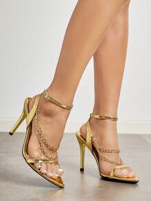 Women's Pointed Toe Single Strap Stiletto Gold Sandals With Metal Chain Decor Ankle Buckle High Heels For Party Date Evening Dress Sexy Shoes - Gold - View 3