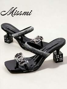 High-End Gold Single Strap Sandals, 2024 Summer New Fashion Chunky Asymmetric Heel Metallic Toe-Post Slides - Black - View 2