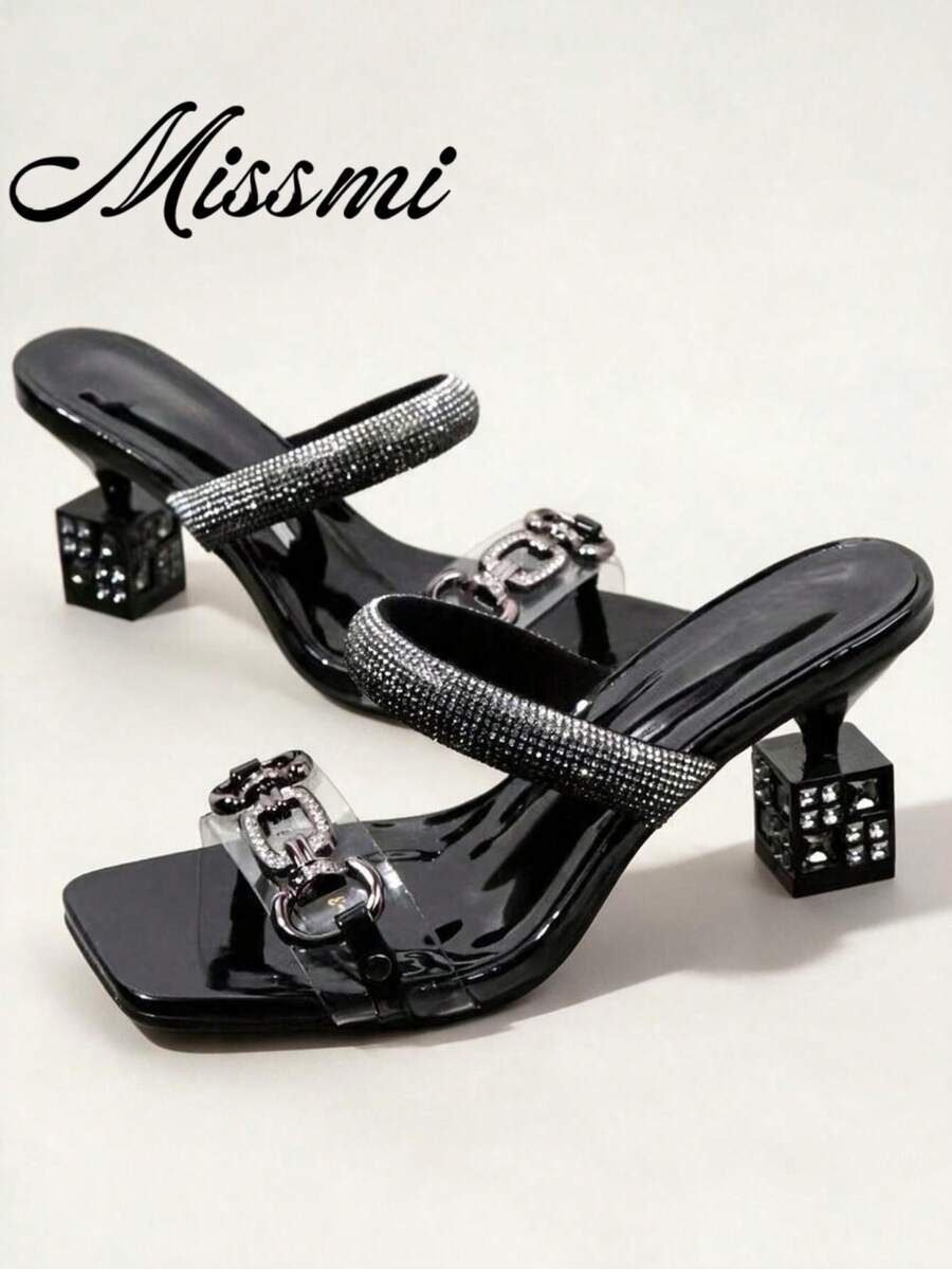High-End Gold Single Strap Sandals, 2024 Summer New Fashion Chunky Asymmetric Heel Metallic Toe-Post Slides