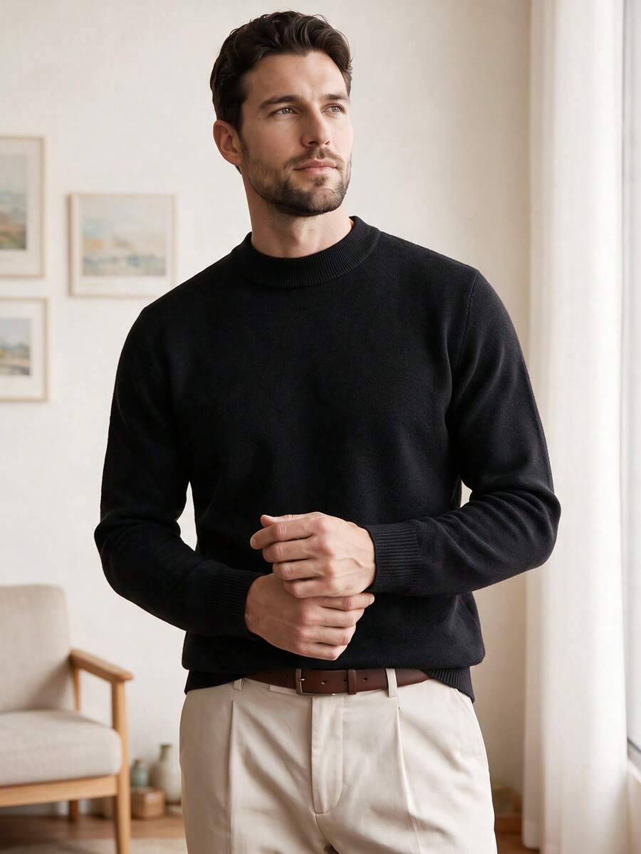 Men Crew Neck Long Sleeve Solid Color Casual Slim Fit Pullover Sweater, Lightweight For Autumn/Winter - Black - View 1