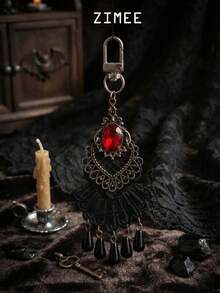 Gothic Red Gemstone Black Lace Tassel Bag Charm - Vintage Retro Handbag Pendant & Spooky Chic Accessory - Multicolor - View 4