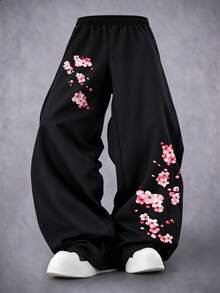 Big Boys Plum Blossom Floral Side Print Wide Leg Sweatpants, Elastic Waist Loose Casual Long Pants, Suitable For Back To School Spring And Autumn Wear - Black - View 1