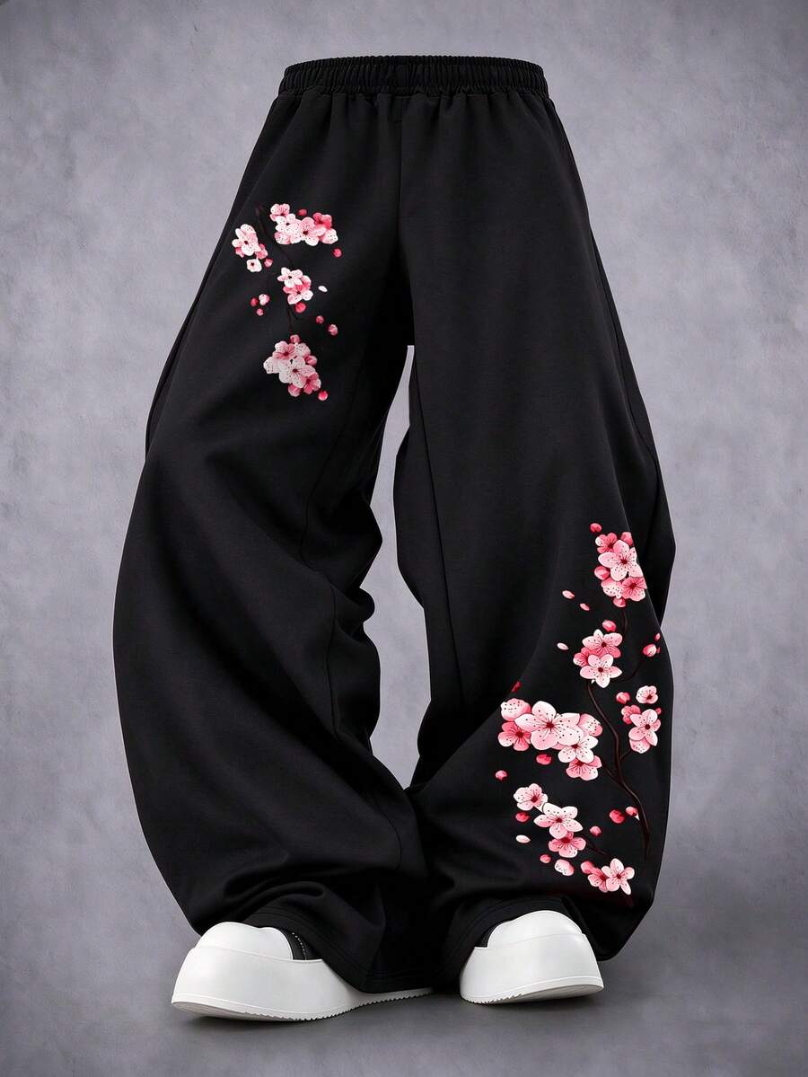 Big Boys Plum Blossom Floral Side Print Wide Leg Sweatpants, Elastic Waist Loose Casual Long Pants, Suitable For Back To School Spring And Autumn Wear - Black - View 1