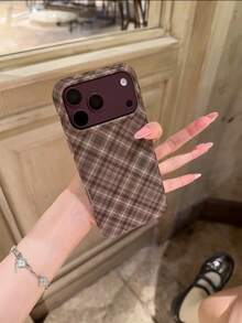 Korean Style Ins Maillard Color Rhombus Pattern Phone Case Compatible With Apple 18 Pro Max 17 Pro Max New 15 Women 16 Pro Creative 17 Pro Full Coverage Anti-Drop Phone Cover - Brown - View 1