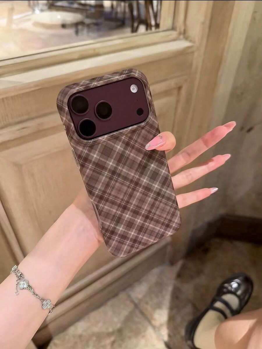 Korean Style Ins Maillard Color Rhombus Pattern Phone Case Compatible With Apple 18 Pro Max 17 Pro Max New 15 Women 16 Pro Creative 17 Pro Full Coverage Anti-Drop Phone Cover - Brown - View 1