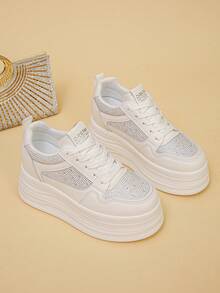 Women's Rhinestone Mesh Thick Sole White Sneakers With Wavy Platform Height-Increasing Lace-Up Breathable Casual Sports Shoes - White - View 6