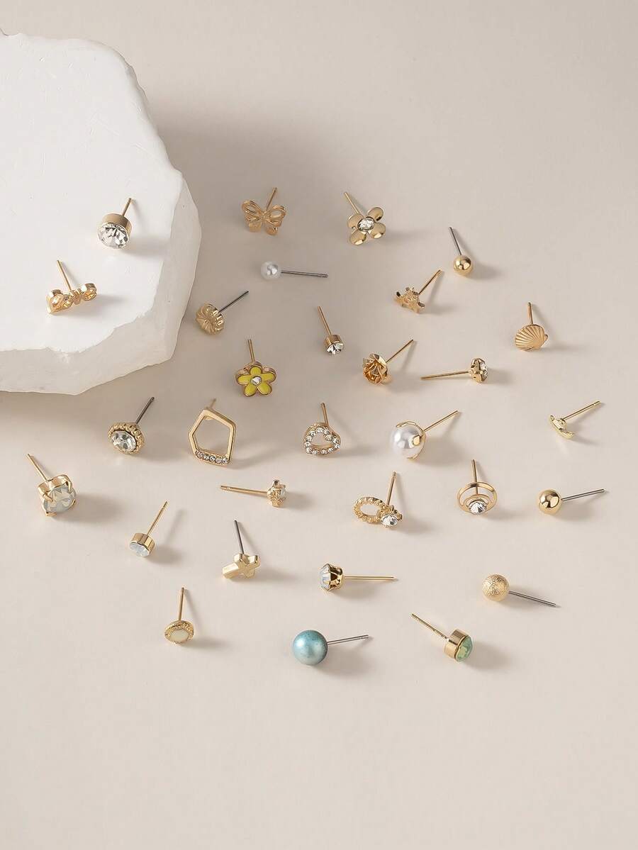 30 Pairs Unique Stud Earrings Set, Butterfly Shell Flower Moon Star Gradient Ball Element Combination Earrings, Women's Party Daily Casual Wear Jewelry Gift - Multicolor - View 1