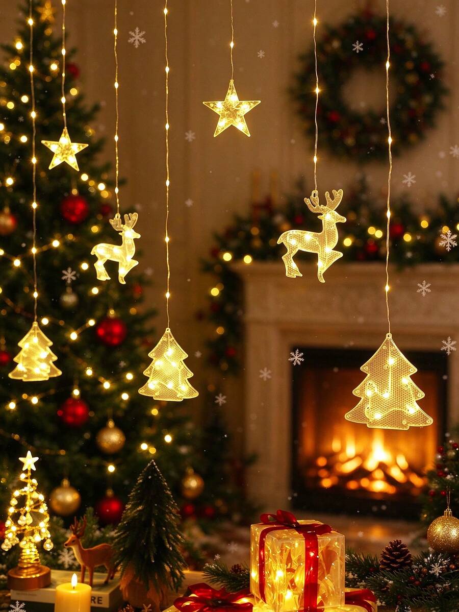 1pc 2m Battery Powered Christmas Decoration Lights, Christmas Tree Snowflake Curtain Light String, Christmas Home Decor Light String, Bedroom Wall Decor Light String, Christmas Tree Decor Light String; Indoor, Holiday, Party, Winter Decoration Light String - Clear - View 1