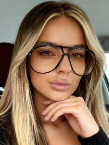 1 Pair Women's Large Frame Double Bridge Toad Transparent Glasses, Retro Transparent Glasses, Casual Fashion Glasses, Suitable For Daily Wear And Work Commute, Beach Accessory, Retro Y2K Basic Style, Business Casual Gift - Black - View 3