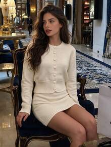 Women's 2 Pieces Sweater Set, Round Neck Single-Breasted Cardigan & Fitted Dress, Elegant Autumn/Winter Outfit For Outings, Dates, Dinner And Parties - White - View 6