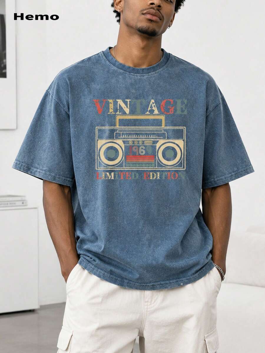 Hemo, Hemo, Men's Summer Letter Tape Print Round Neck Short Sleeve Casual Distressed Washed T-Shirt - Blue - View 1