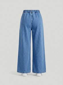 Girls' Denim Jeans With Bow Embroidery, Casual Fashion Versatile Blue Straight Leg Pants, Autumn/Winter Outfit - Medium Wash - View 3