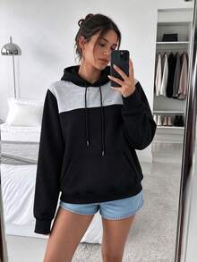 Women's Black & Grey Colorblock Drawstring Hooded Sweatshirt With Kangaroo Pocket, Suitable For Daily Streetwear - Black - View 1