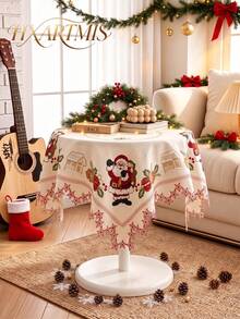 HXARTMIS 1PC Christmas Decoration New Arrival, Beige Santa Claus Embroidered Square Tablecloth, Scalloped Edge Holiday Table Cover, Suitable For Christmas Home Decor, Christmas Gifts, Christmas Table Decoration And More - Beige - View 1