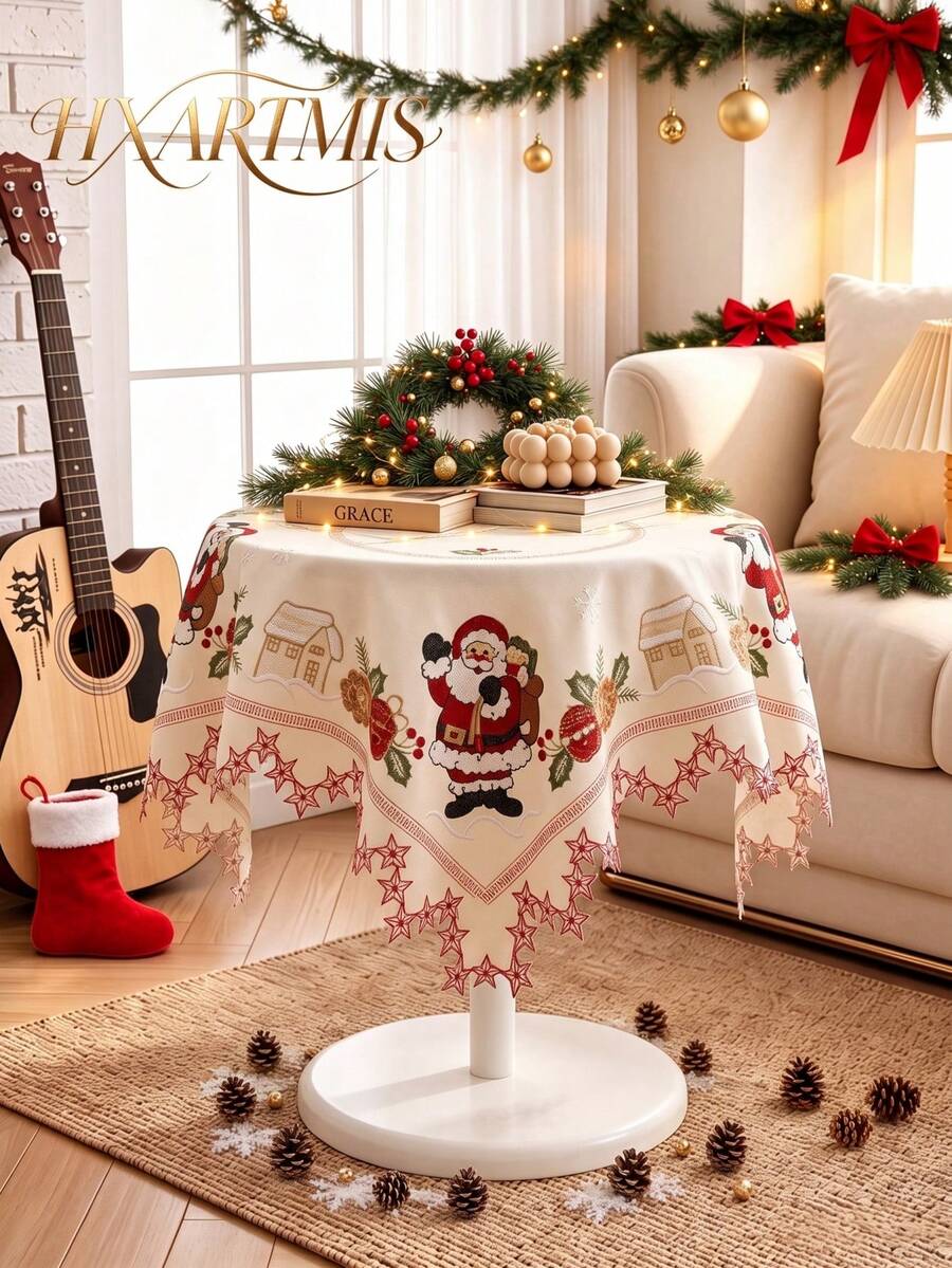 HXARTMIS 1PC Christmas Decoration New Arrival, Beige Santa Claus Embroidered Square Tablecloth, Scalloped Edge Holiday Table Cover, Suitable For Christmas Home Decor, Christmas Gifts, Christmas Table Decoration And More - Beige - View 1