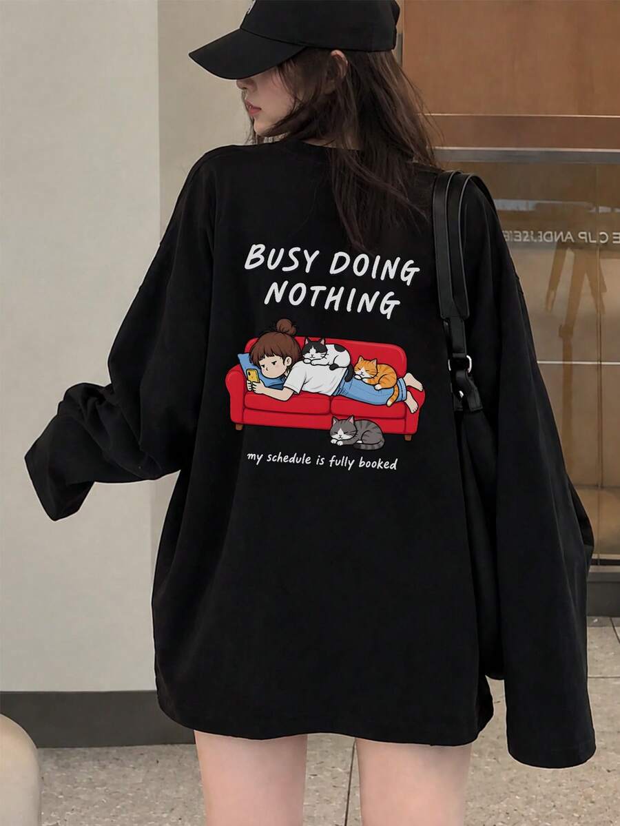 Women's Fashion Autumn/Winter Loose Minimalist Versatile Letter Cartoon Print Long Sleeve T-Shirt - Black - View 1