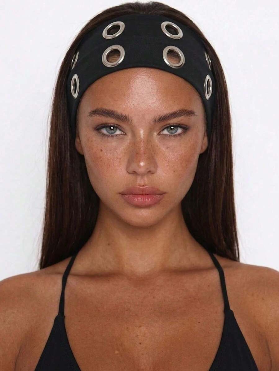 1pc Punk Gothic Black Metal Eye Protection Headband, Wide Elastic Anti-Slip Hair Band, Suitable For Yoga Sports, Cool Metal Rivet Daily Fashion Women's Hair Accessory