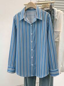 Women's Elegant Striped Long Sleeve Button-Down Shirt Collar Top, Blue Polyester Non-Stretch Blouse - Multicolor - View 5
