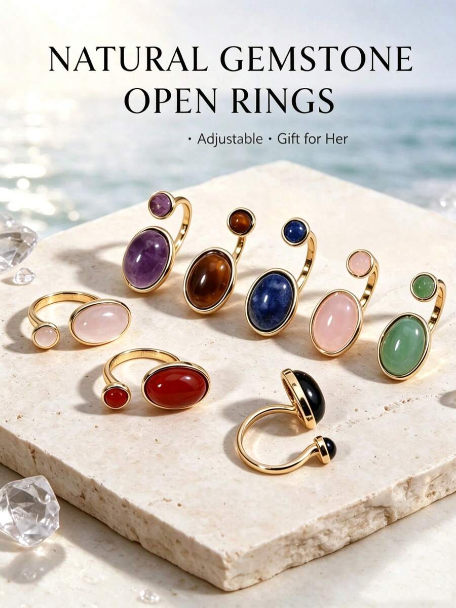 1pc Oval Natural Stone Ring, Double Crystal Open Ring, Amethyst Tiger Eye Agate, Spiritual Healing Charm Jewelry, Women's Gift H954 - Ring - View 1