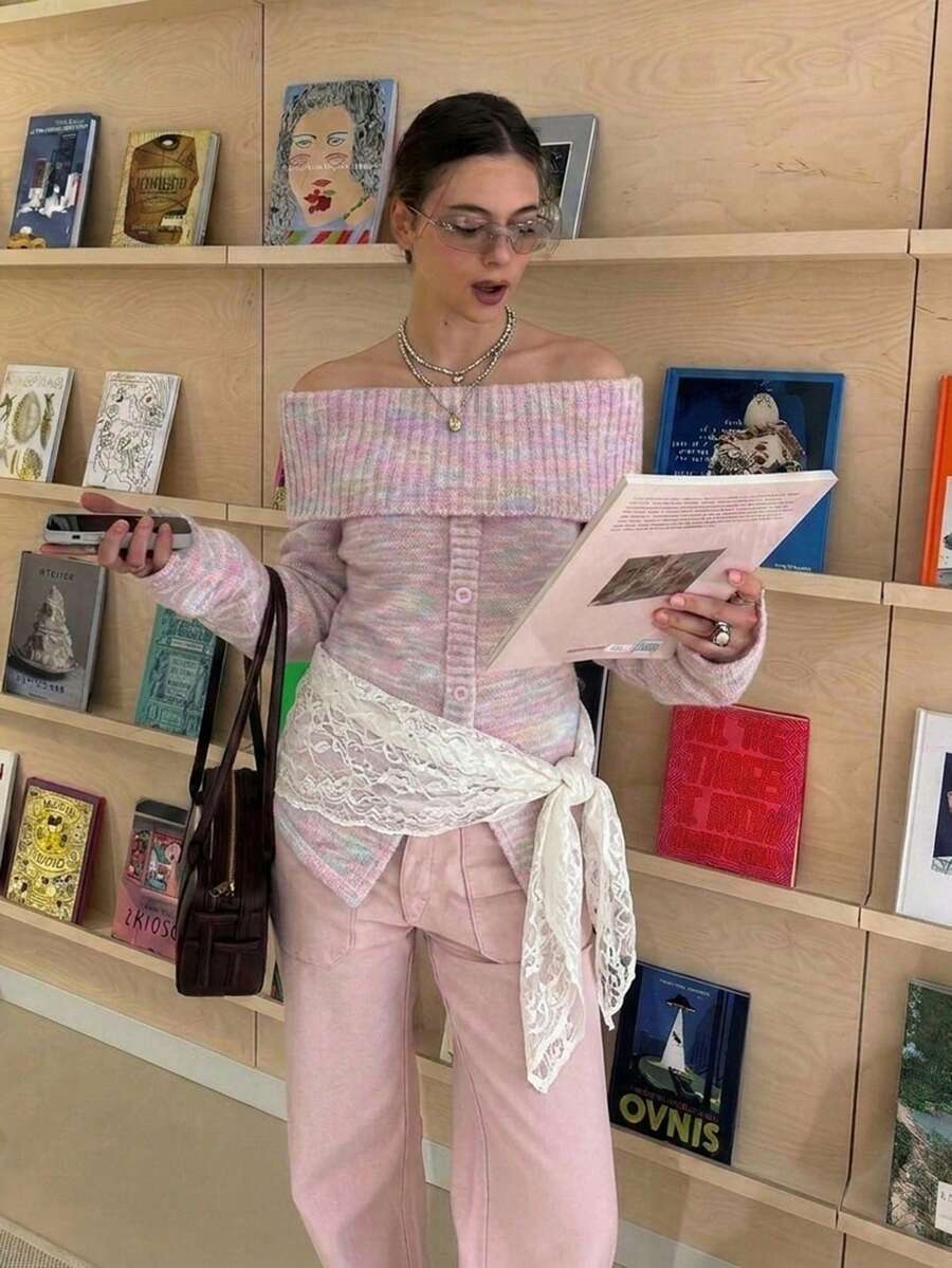 Off-Shoulder Ombre Pink Knit Sweater, Button Front, Asymmetric Hem, Long Sleeves, Medium Stretch, Elegant Fall/Winter Outfit Chic Top - Pink - View 1