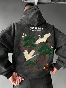 男士水洗做舊連帽衛衣，日式風格鶴與松樹印花休閒寬鬆套頭帽衫 - 深灰色 - 查看 2