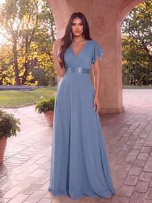 EVERPRETTY Elegant Solid Color Butterfly Sleeve Cinched Waist Chiffon Blue Bridesmaid Dress, Suitable For Weddings, Parties, Anniversaries And Other Formal Occasions In Spring And Summer - Dusty Blue - View 2