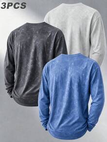 SU ER 3pcs/Pack Men's Spring/Autumn Versatile Vintage Washed Distressed Long Sleeve T-Shirts - Multicolor - View 3