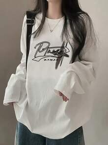 Women's Fashion Loose Fit Versatile Letter Print Pattern Long Sleeve T-Shirt, Autumn/Winter Casual White - White - View 2