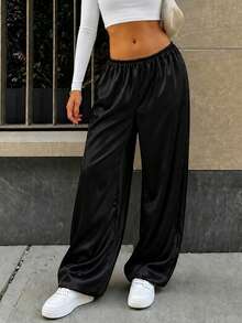 Jotten Glossy Satin Wide Leg Casual Pants, High Waist Draped Loose Floor Length Straight Leg Trousers, Smooth Shiny Slouchy Versatile Solid Color Long Pants 1pc - Black - View 3